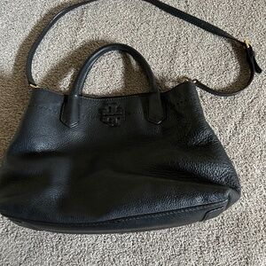Tory Burch Mcgraw Triple Compartment Black Leather Satchel